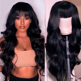 Black Wig With Bangs,Long Wavy Wig for Women,26 Inch Synthetic Curly Wavy Natural Black Bang Wig for Girls Daily Party Use