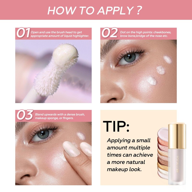 FOCALLURE Shimmer Liquid Highlighter, Smooth Cream Formula and Non-greasy Finish,Delivers