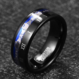 TUNGSTORY Men's Tungsten Ring 8 mm Black and Blue Wedding Ring with Claddagh Pattern Engraved Roman Numerals Engagement Ring Couple Comfort Fit Size 54-67, Tungsten Carbide