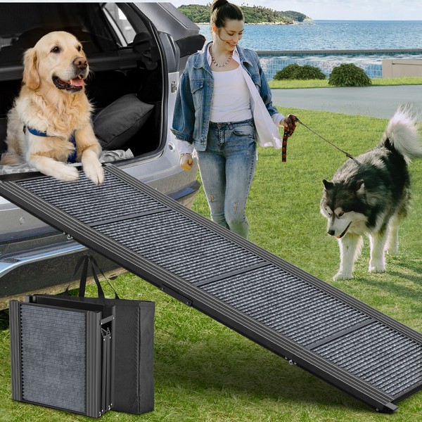 63" Long Folding Portable Pet Ramp with Non-Slip Surface for Medium & Large Dogs Up to 250LBS to Enter Car, SUV & Truck