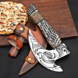 MR. CRAFT Pizza Cutter Axe Rocker Carbon Steel Slicer Chef Pizza Cutter Viking Axe with Leather Cover - Premium Pizza Oven Accessories Ulu Rocking Pizza Gift Gifts for Men (King Skull)