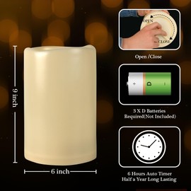 7LinRay 6" x 9" Extra Large Flameless Candle Outdoor Candle with Auto 6 Hour Timer, Battery Operated Waterproof LED Pillar Candle for Lantern, Front Porch, Ivory Plastic, Long Last for 6 Month