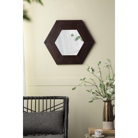 ZJMTOCYU Hexagon Wall Mirror with Solid Wood Frame, Decorative Accent for Living Room or Bathroom, Dark Brown, 18.5" x 18.5"