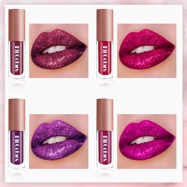 High Gloss Glitter Lip Gloss, 4 Colours Liquid Lipstick, High Gloss Glitter Lip Gloss, Long-Lasting Shimmering Glitter Lipstick Waterproof Non-Stick Lipstick