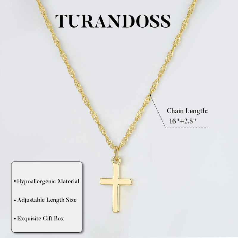 Turandoss Gold Cross Necklace for Women, Dainty 14K Gold Plated