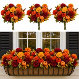 BobbleT 15 Pcs Fake Artificial Fall Mums with Pumpkin Picks,Faux Orange