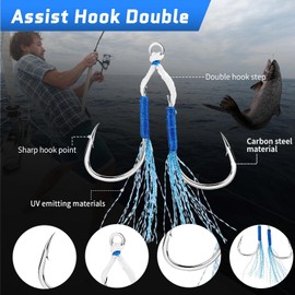 9KM DWLIFE Double Hook Fishing Assist Jig Head 10pcs- High-Strength Carbon Steel, Solid Ring, Heavy Duty for Slow & Fast Fall Jigging Lure, Saltwater Fishing Hooks