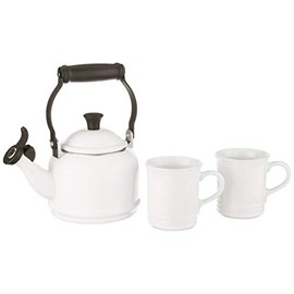 Le Creuset Enamel On Steel Demi Kettle & Stoneware Set of 2 Mugs, 1.25 qt. Kettle & (2) 14 oz. Mugs, White