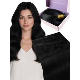 Fshine Genie Extensiones Pelo Natural Cortina Extra Largo 60cm Negro Azabache Genie Weft Extensiones de Cabello Remy Extensiones de Cabello Natural Co