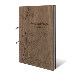 Okoume Wood Wedding Guest Book, Engraving, Individual Wooden Cover with 144 Natural Paper Inner Pages, DIN A4, Landscape 215 x 302 mm, Choice of Motif, Customisable