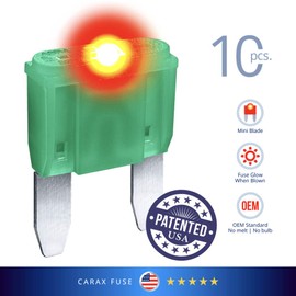CARAX Glow Fuse – Premium Fuse Mini Blade – 30A Kit 10 pcs – Glow When Blown LED Automotive Fuse – Smart Auto Glow Fuse Easy Identification – 10 pcs