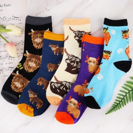 Jeasona 5 Pairs Highland Cow Socks Women Cotton Cute Highland Cow Gifts for Women Highland Cow Gifts for Mothers’ Day Stocking Filler