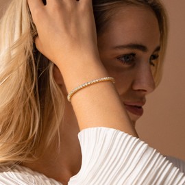 TINGN Silver Gold Tennis Bracelet Women's 14K Gold-Plated Cubic Zirconia Bracelet Elegant Classic 3 mm Round Cut Bracelet Jewellery Gift for Women, 19 cm, Copper