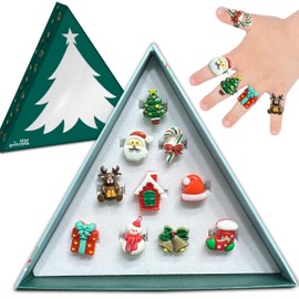 Christmas Stocking Stuffers Jewel Rings for Kids, Set of 10 Christmas-Themed Adjustable Holiday Dress Up Rings for Girls in Christmas Tree Gift Box, Gift for Girls Age 3 4 5 6 7 8,