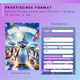 HIDEBLOOM Glitter Invitation Cards for Children's Birthday Girls I Pack of 12 I DIN A6 I Casual Penguin I Invitation Birthday with Glitter Varnish I Children's Party I Invitation Cards Teenager I