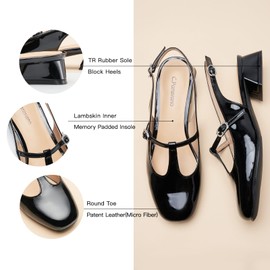 C.Paravano Mary Jane Slingback Pumps Round Toe Low Heel Mary Janes T Strap Slingback Heels Block Heel Mary Janes for Women Sling Back Black