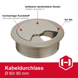 Gedotec Cable Grommet Desk Plastic H1001 Round, Cable Feed-Through Stainless Steel Look, Cable Feed-Through for Push In, Cable Box Drilling Diameter 60 mm, Pack of 2 - Guide for Table Tops and Furniture