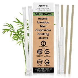 Jenvita Bamboo Powder Biodegradable Straws (50-Pack) - 7.88" Compostable Straws Individually Wrapped | 100% Compostable | Durable & Disposable | Made for Hot & Cold Drinks, Commercial or Home Use