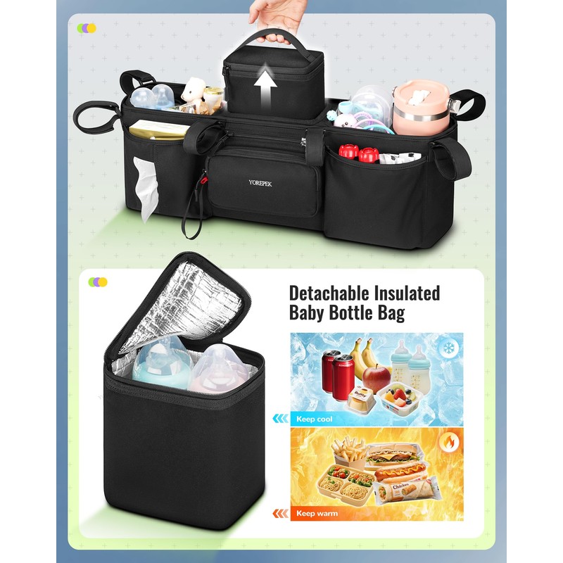 YOREPEK Padded Double Stroller Organizer with Removable Cooler Bag,Fits for