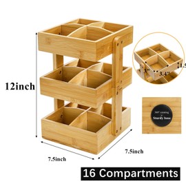Yopay 3-Tier 360° Rotating Bamboo Tea Bag Organizer Stand | Countertop Spinning Caddy for Kitchen, Bar, Pantry, 168 Teabags Easy Assemble Space-Saving Holder