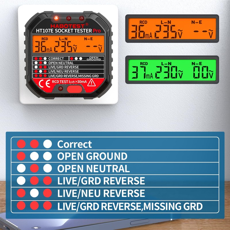 Socket Tester RCD Plug Outlet Tester, Electrical Receptacle Detector with