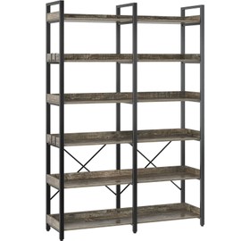 Seventable Bookshelf 6 Tier with 4 Hooks，67”Industrial Wooden Bookcase, Vintage Storage Rack with Open Shelves, Rustic Standing Bookshelves Metal Frame 43.3” Wide Display Rack, Gray