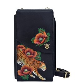 Anuschka Women's Original Hand-Painted Vegetable Tanned Leather RFID Blocking Crossbody Phone Wallet, Enigmatic Leopard