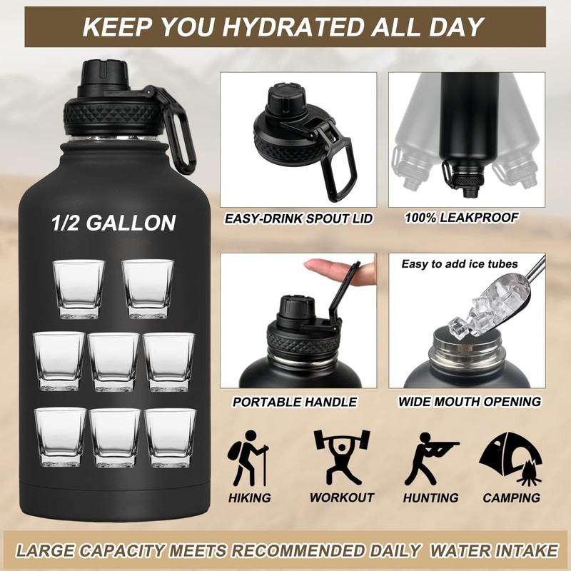 64 oz Water Bottle Insulated with Sleeve Half Gallon Military