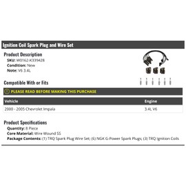 Marketplace Auto Parts - Ignition Coil Spark Plugs and Spark Plug Wire Kit - 8 Piece - Compatible with 2000-2005 Chevy Impala 3.4L V6