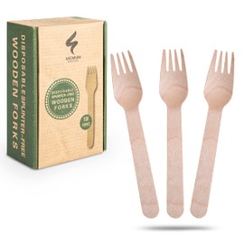 Weemium Wooden Forks Disposable - 100 Splinter-free 6.5" Compostable Forks – Biodegradable and Eco friendly Disposable Forks Utensils for Outdoors and Parties