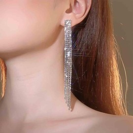 Aneneiceera Vintage Crystal Boho Earrings Silver Tennis Chain Earrings Long CZ Fringe Earrings Crystal Tassel Earrings Fringe Rhinestone Earrings Jewellery for Women and Girls, Metal