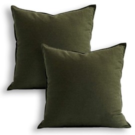 18"x18" Solid Cotton Linen Decoration Green Throw Pillow Case with Zipper Euro Sham Cushion Case Cool Pillow Cover Delicate Decorative Pillowcase for Chair/Bed/Couch, (45 x 45cm),2 Packs, Olive Green