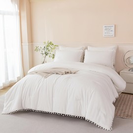 PERFEMET 5 Pcs Ivory Comforter Sets Twin Size Pom Pom Fringe Solid Bedding Set with Sheets Soft Lightweight White Kids Bed in A Bag for Girls Boys(Ivory, Twin)