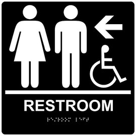 ComplianceSigns.com Wheelchair Accessible Restroom Left Sign, ADA-Compliant Braille and Raised Letters, 9x9 in. Black Acrylic with Mounting Strips