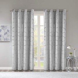 Intelligent Design Blackout Window Curtain, Light Blocking Curtains for Living Room, Thermal Insulated Window Panel with Metallic Print and Grommet Top, 50"x84", Grey/Silver, 1 Piece