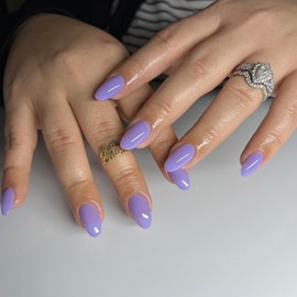 Short Press on Nails Almond Shape Fake Nails Glossy RIICFDD False Nails with Pure Color Designs Stick on Nails Reusable Full Cover Glue on Nails for Women Acrylic Nails 24 Pcs (Pale Lilac)