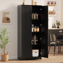 IDEALHOUSE Tall Pantry Cabinet, 60" Kitchen Pantry Storage Cabinet with 2 Doors and Adjustable Shelves, Freestanding Kitchen Cabinet, Cupboard for Dining Room, Bathroom, Living Room, Black