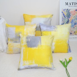 QUALKNOY Set of 4 Velvet Cushion Covers 45x45 cm Yellow Grey Abstract Art Modern Decorative Throw Pillow Cases 18"x18" for Living Room Sofa Garden Outdoor Courtyard Decor Pillowcases
