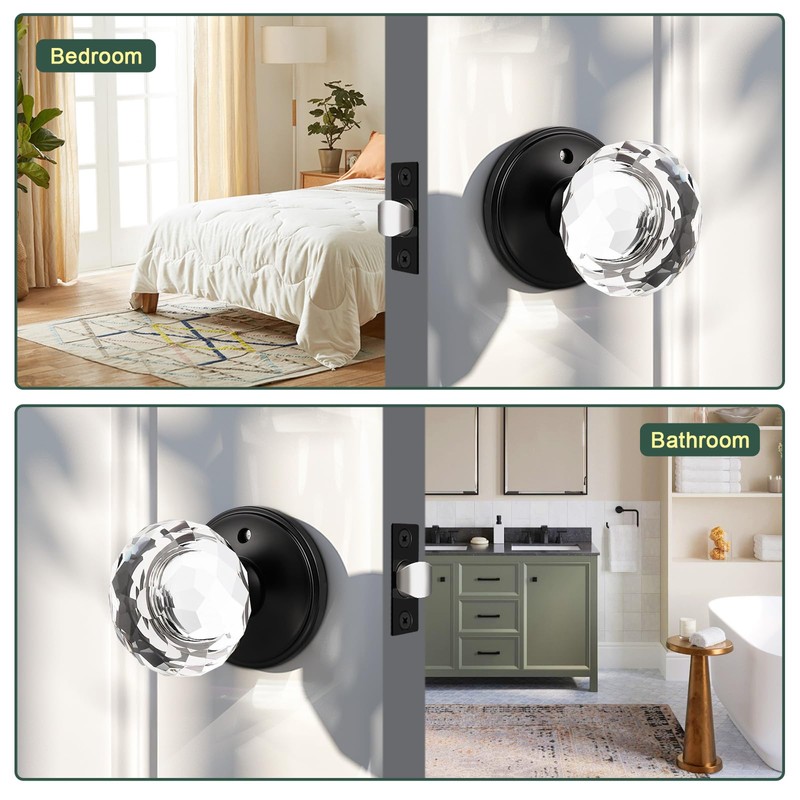 Lepushom 3 Pack Crystal Door Knobs Interior, Elegant Matte Black