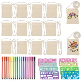 BORISCA Pack of 40 Fabric Bags for Painting Children, 14 Bags for Painting with 18 Coloured Pens and 8 Painting Stencils, DIY Small Shoulder Bags for Schools, Craft Classes, DIY Gifts