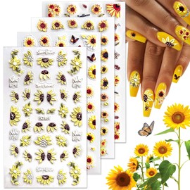 ‌MUIIGOOD 4 Sheets Multi Styles Sunflower Nail Stickers 5D Embossed Summer Floral Embossed Self-Adhesive Yellow Sun Flowers Butterfly Bees Engraved Flower Decals Sticker for Women Nails Manicure Tips