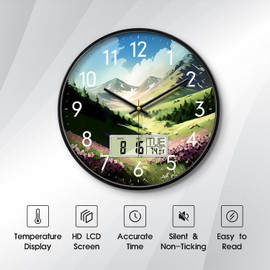 SCOAGE Digital Large Display Silent Wall Clock with Temperature Date Mountain Flowers Modern Non-ticking Battery Operated Mount Clocks Bathroom Kitchen Clock Farmhouse Living Room Office Decor 14 Inch