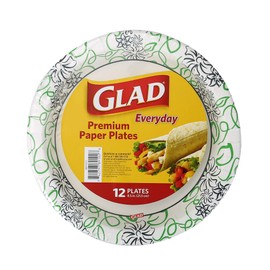 Glad 8 1/2-Inch Round Soak Proof Cut Resistant Microwavable Disposable Everyday Use-White Blue & Green Design, Heavy Duty Paper Plates, Whimsical Floral Design (12 Count, Pack of 1)