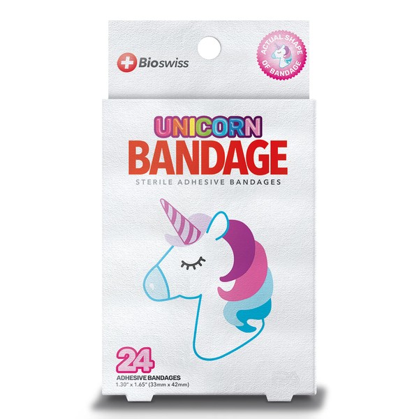 BioSwiss Kids Bandages | 24pcs Self-Adhesive Sterile Unique Shaped Bandages Colorful Funny Cute Toddler Girls & Boys, Adults First Aid, Protect Scrapes and Cuts | Wellness for Everyone (Unicorn)