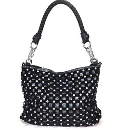 Zzfab Sparkle Rhinestone Suede Hobo Handbag Black
