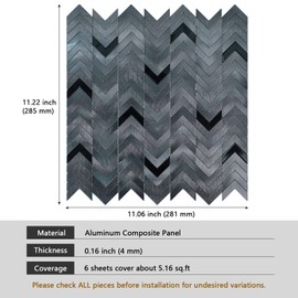 Black Peel and Stick Backsplash Herringbone Tile, Self-Adhesive Aluminum Metal Backsplash Stick on Wall Tiles for Kitchen Bathroom (6 Sheets)
