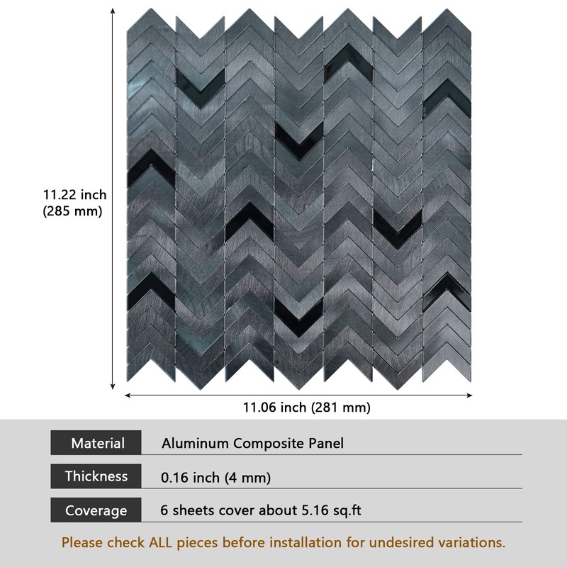 Black Peel and Stick Backsplash Herringbone Tile, Self-Adhesive Aluminum Metal