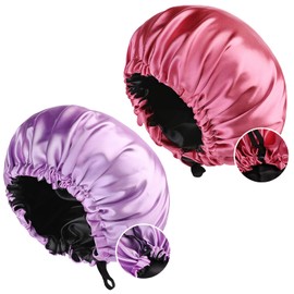 Satin Sleep Cap, Silk Sleeping Cap, Double Layer Satin Bonnet, Night Silk Cap for Sleeping, Adjustable Sleeping Cap, Headpiece, Soft Head Cover for Sleeping, Pack of 2 (Watermelon Red + Light Purple)