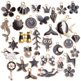 Aylifu Black Enamel Charms,31pcs Gold Plated Enamel Charms Mixed Flower Star Cat Fish Pendants Jewelry Making Accessories for Necklace Bracelet Earrings