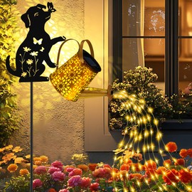 ostritec Solar Lights Outdoor Decorative, Watering Can with Cascading Lights, with Dog Silhouette Garden Stakes, Waterproof Metal Garden Decor for Yard Art, Outside, Patio, Lawn Ornaments(1 Pack)